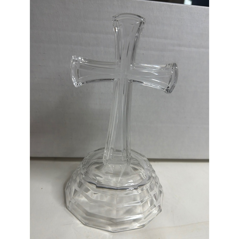 Clear Pressed Glass Standing Cross Religious Decor Octagonal Base 7 Inch